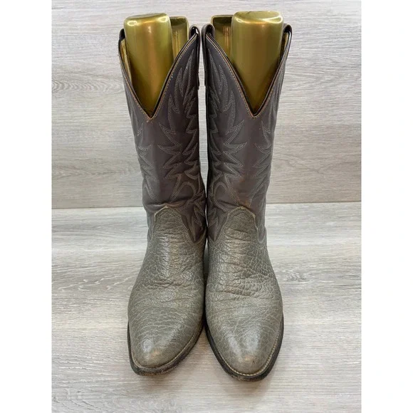 Vintage USA Made Grey Men's Textured Leather Gray Shaft Western Cowboy Boots 10